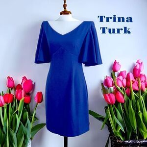 TRINA TURK NWT PONTE SHEATH FLUTTER SLEEVE MINI DRESS BLUE LAGOON SIZE 2